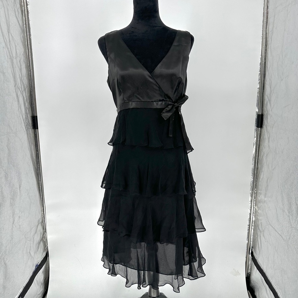 VTG ICE Black 100% Silk Ruffle A Line Fit Flare Elegant Party Cocktail Dress 10